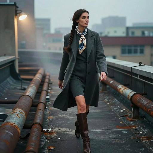 Photograph of a determined woman with long braided brown hair, wearing a dark gray coat, knee-length skirt, and brown boots, walking on a