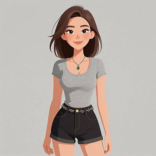 Digital anime-style drawing of a smiling young woman with light skin, brown shoulder-length hair, wearing a gray t-shirt and black shorts.