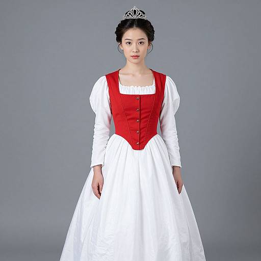 Photograph of a young Asian woman with fair skin, black hair in an updo, wearing a silver tiara, red corset, white long