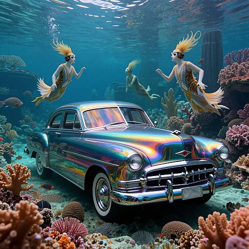 Photograph-style digital art: Underwater scene with a shiny, rainbow-colored vintage car and three mermaids with flowing hair, surrounded by colorful coral reefs