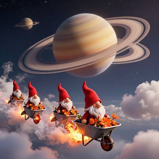 Digital art: Four red-hatted gnomes in wheelbarrows, flying through a starry sky with a Saturn-like planet, surrounded by clouds