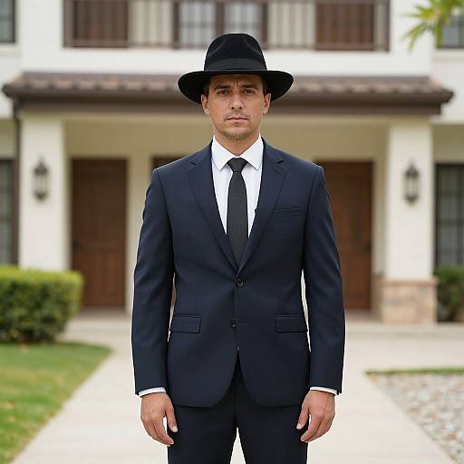 Photograph of a serious young man in a black suit, white shirt, black tie, and black hat standing in front of a white building with wooden