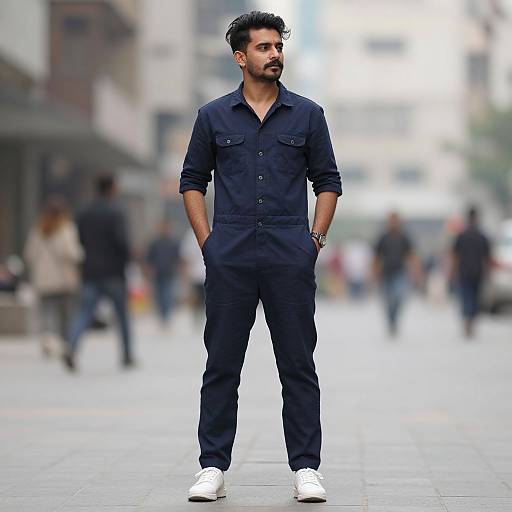 Photograph of a handsome, dark-haired man in a navy button-up jumpsuit and white sneakers, standing confidently on a blurred urban street.
