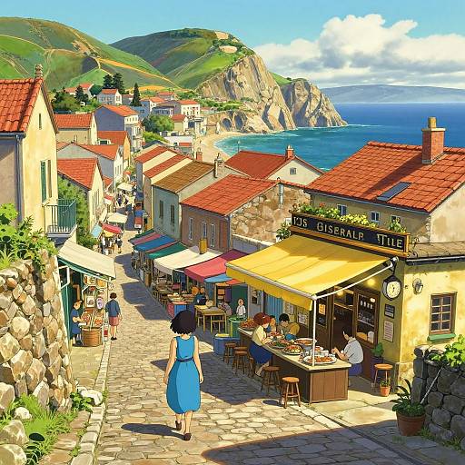 Vibrant digital painting of a quaint coastal village street with red-roofed buildings, outdoor cafes, and a picturesque ocean view. People stroll along