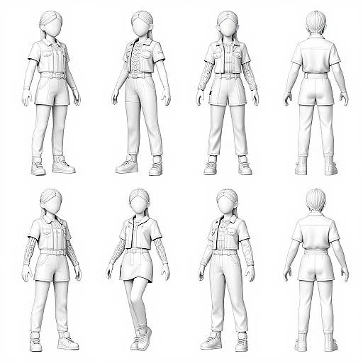 Black-and-white digital character design sheet showing front, back, and side views of a child in various outfits, including shorts and a shirt.