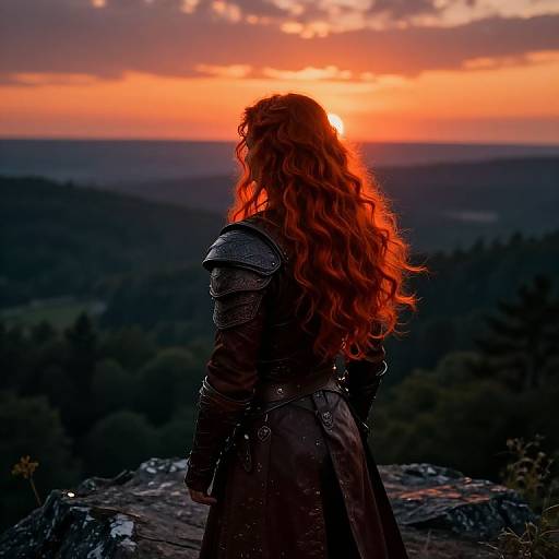 Photograph of a woman with long red hair in medieval armor, facing a vibrant orange sunset over a dark forest landscape.
