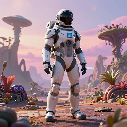 CGI image of a white-clad astronaut with a black visor standing on a colorful, alien planet with towering plants and a pink-purple sky.