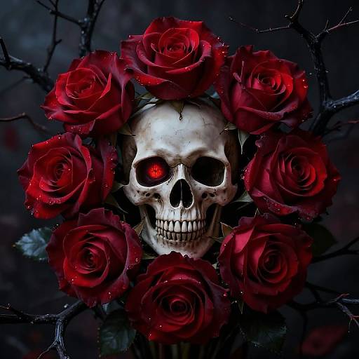 Digital artwork of a skull with glowing red eye, surrounded by vibrant red roses, set against a dark, thorny background.