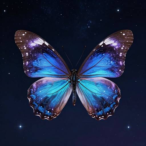 Digital artwork of a vibrant blue butterfly with star-like white and purple spots on wings, set against a dark, starry night sky.