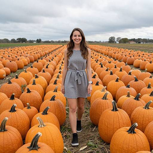 Photograph of a smiling woman with long brown hair in a gray checkered dress, standing in a vibrant orange pumpkin field.