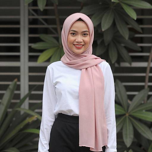 Smiling Asian Woman in Pink Hijab