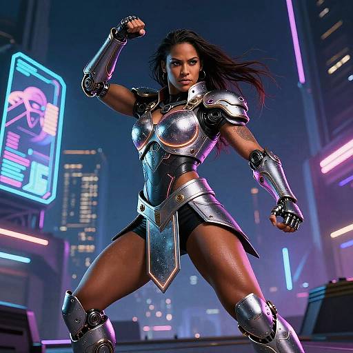 CGI image of a muscular, dark-skinned woman in futuristic, silver armor, fists raised, standing in a neon-lit, cyberpunk city