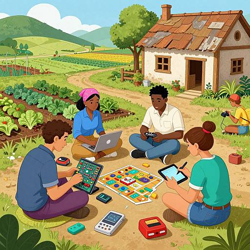 Digital illustration of diverse children playing board games outside a rustic cottage, surrounded by lush gardens and fields under a blue sky.
