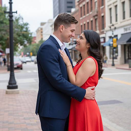 Photograph of a smiling couple in a city street; man in dark suit, woman in red dress, embracing, looking at each other. Urban background