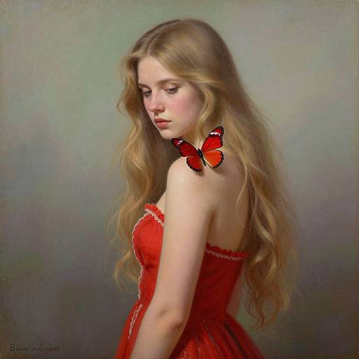 Digital painting of a blonde woman with long wavy hair, wearing a red dress, and a red butterfly on her shoulder, looking down against a gradient