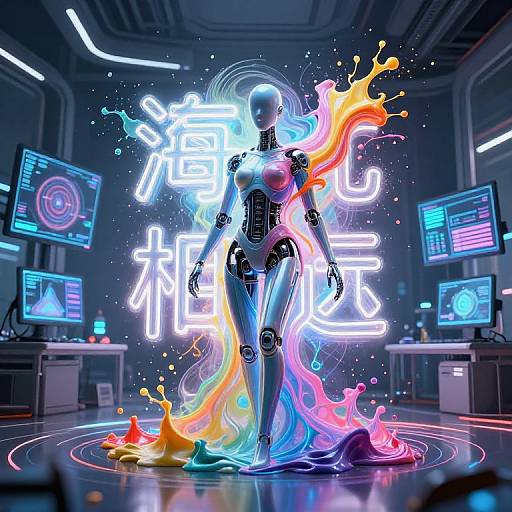 Digital art of a glowing, futuristic robot with vibrant, rainbow-colored fluid splashes, standing in front of neon Japanese text in a high-tech control room