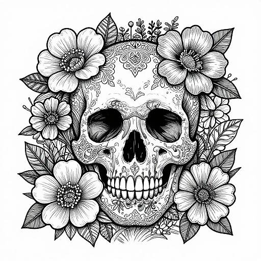 Black and white digital drawing of a detailed skull surrounded by intricate floral and leafy patterns, with large, blooming flowers framing the face.