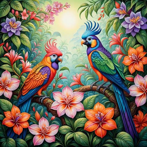 Vivid Exotic Birds Among Blooming Flowers