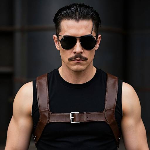 Photograph of a muscular man with slick black hair, mustache, black sunglasses, black tank top, brown leather harness, and dark background.