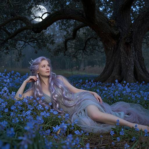 Fantastical photograph of a fair-skinned woman with long, silver hair and a translucent gown, reclining amidst glowing blue flowers under a moonlit