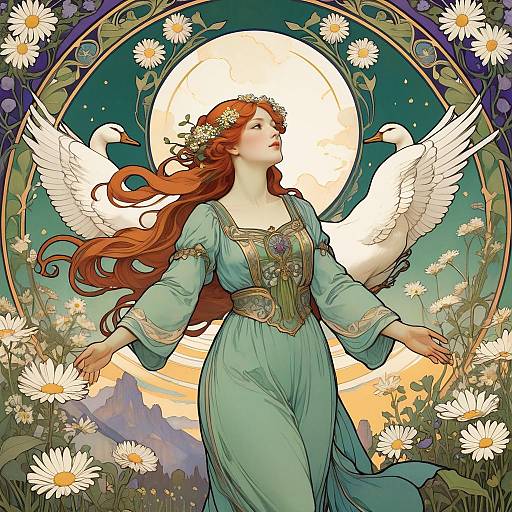 Art Nouveau Woman with Swans and Daisies