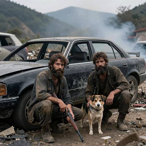Bearded Men Beside Smoldering Wrecked Car