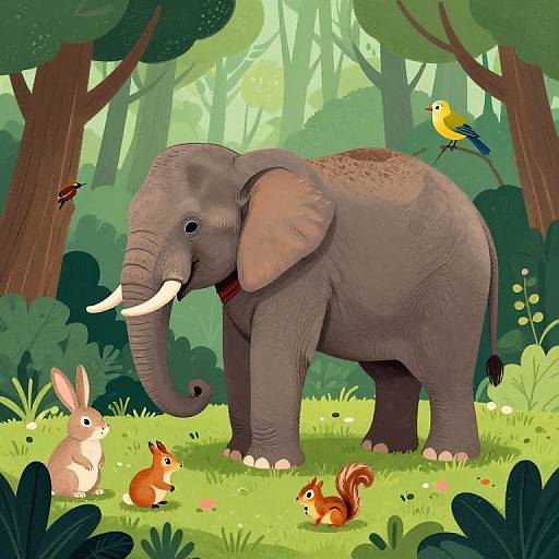Colorful digital illustration of a forest with a large gray elephant, white tusks, surrounded by a rabbit, squirrel, and birds, set against a