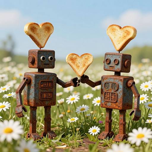 Rusty, heart-shaped toast-headed robot couple holding hands in a sunny meadow with white daisies, blue sky background, photo-realistic CGI