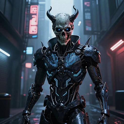 Cybernetic demon with glowing blue eyes, black armor, and horned skull, walking down a neon-lit, futuristic urban alley at night