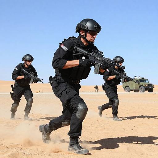 Photograph of three armed, black-clad soldiers with helmets and sunglasses, running through a sandy desert with a military vehicle in the background under a clear