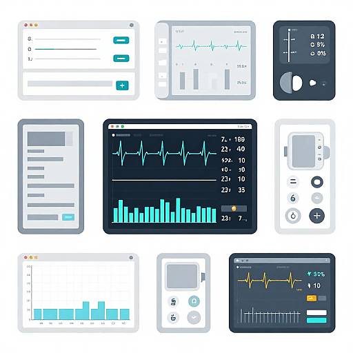 Digital illustration of various medical monitoring devices, including ECG, heart rate, blood pressure, and bar graphs on screens.