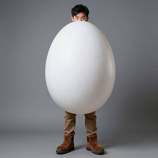 Photograph of a young Asian man with short black hair, wearing brown pants and brown boots, holding a large white egg in front of his face against