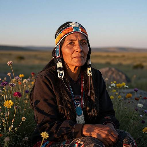 Photograph of an elderly Native American woman with long black hair, adorned in traditional headdress and jewelry, sitting in a sunlit meadow filled with