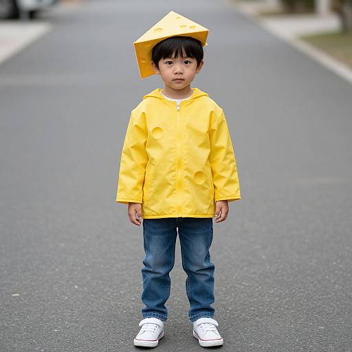 Photograph of an Asian boy with black hair, wearing a yellow paper hat and shirt, blue jeans, and white shoes, standing on a suburban street