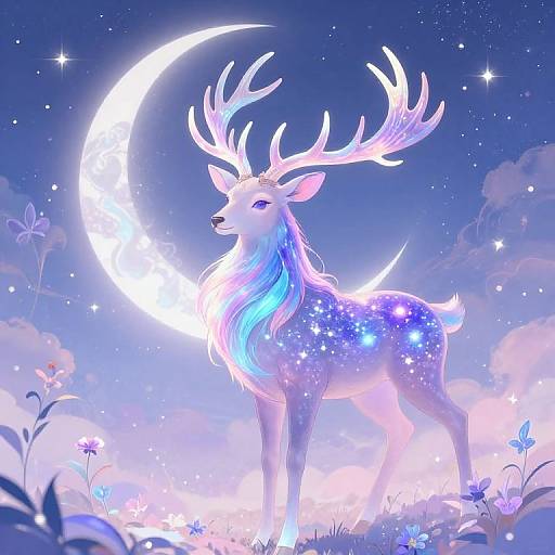 Digital illustration of a radiant, glowing white deer with blue and pink mane, large antlers, and starry spots, standing under a bright crescent