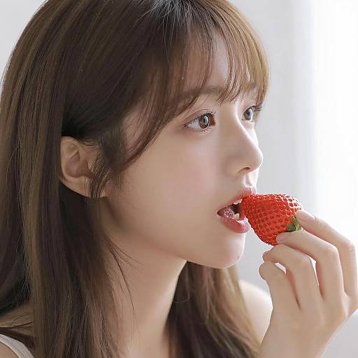 Asian woman eating strawberry close-up