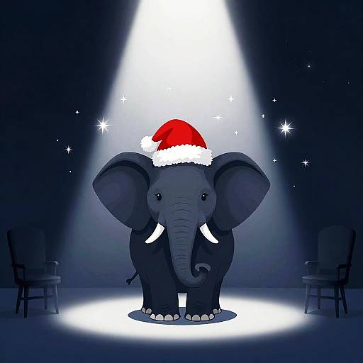 Elephant with Santa Hat in Spotlight