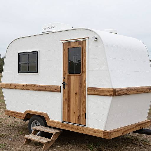 Photograph of a white, wooden-trimmed travel trailer with a wooden door, black window, and small wooden steps on a grassy field.