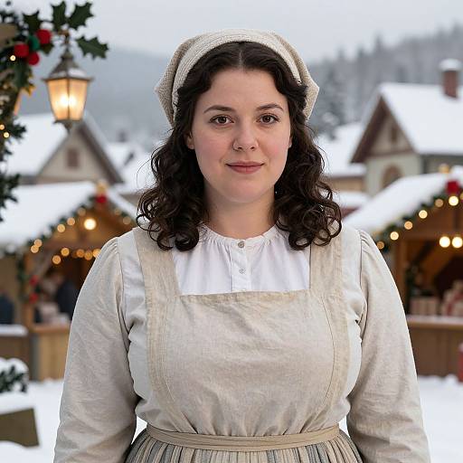 Photograph of a fair-skinned, dark-haired woman with curly hair wearing a white blouse and beige apron with bonnet, standing in a snowy