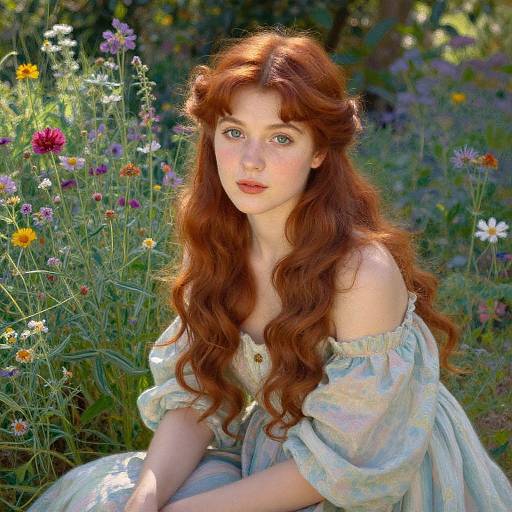 Photograph of a fair-skinned, red-haired woman with wavy hair, wearing an off-shoulder floral dress, surrounded by vibrant wildflowers