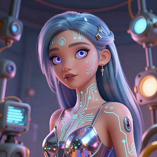 Digital CGI of a futuristic, blue-haired woman with glowing cybernetic patterns on her face and chest, wearing a shiny silver top, surrounded by illuminated