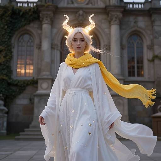 Woman with Glowing Horns in White Robe and Yellow Scarf