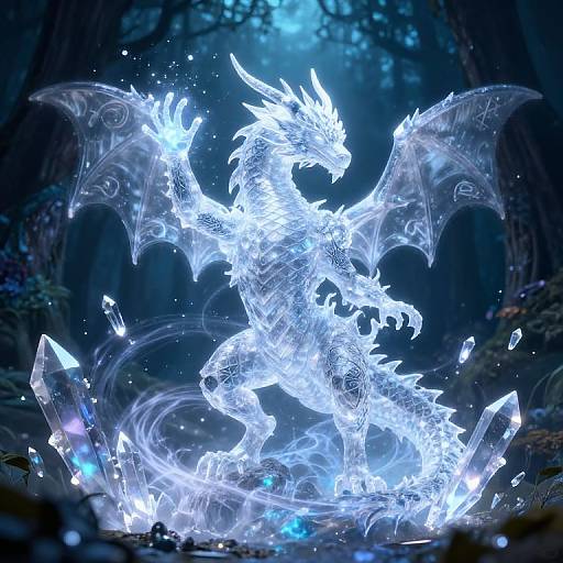 Digital artwork of a glowing, ethereal blue dragon with crystalline wings and horns, rearing up in a dark, enchanted forest.