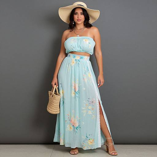 Photograph of a tan-skinned woman with dark hair, wearing a light blue floral strapless top and skirt, beige wide-brim hat, holding