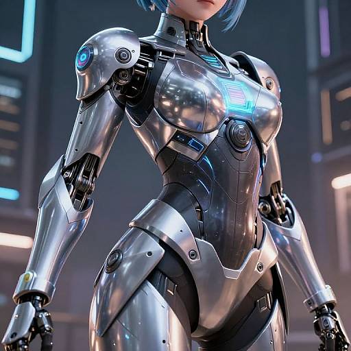 CGI image of a futuristic, silver and black humanoid robot woman with blue glowing accents, sleek metallic armor, and a short blue bob haircut, standing