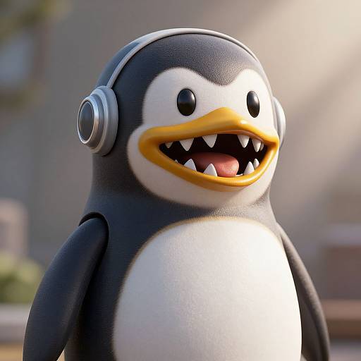 CGI image of a cheerful, black-and-white penguin LEGO figure with yellow beak and sharp teeth, wearing silver headphones, smiling. Background is