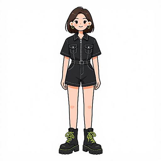 Digital drawing of a cute, smiling Asian girl with shoulder-length black hair, wearing a black button-up romper, black boots with yellow laces,