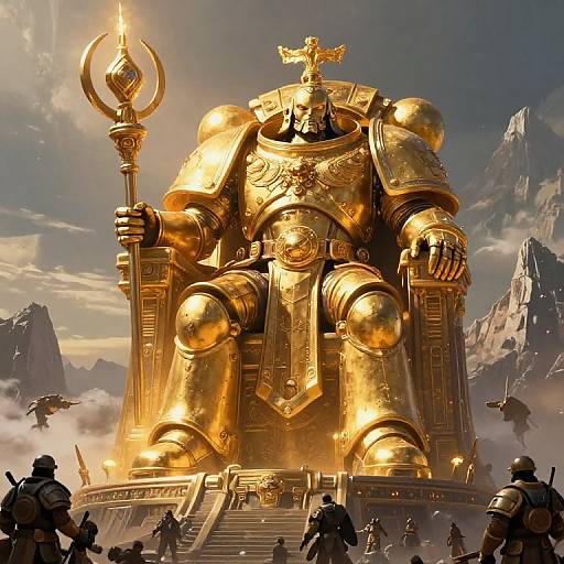 Digital artwork of a massive, golden, armored robot with an eagle on its head, holding a staff, standing on a mountainous, cloudy landscape with