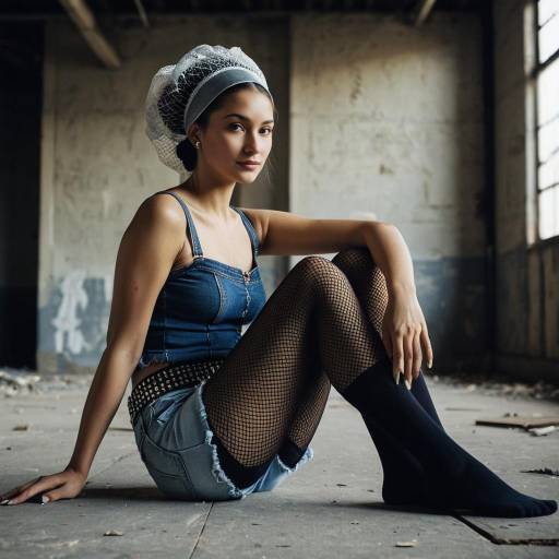 Young Woman in Denim Outfit Sitting Indoors