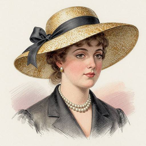 Digital illustration of a fair-skinned woman with brown curly hair, wearing a straw hat with a black ribbon, pearl necklace, earrings, and black jacket